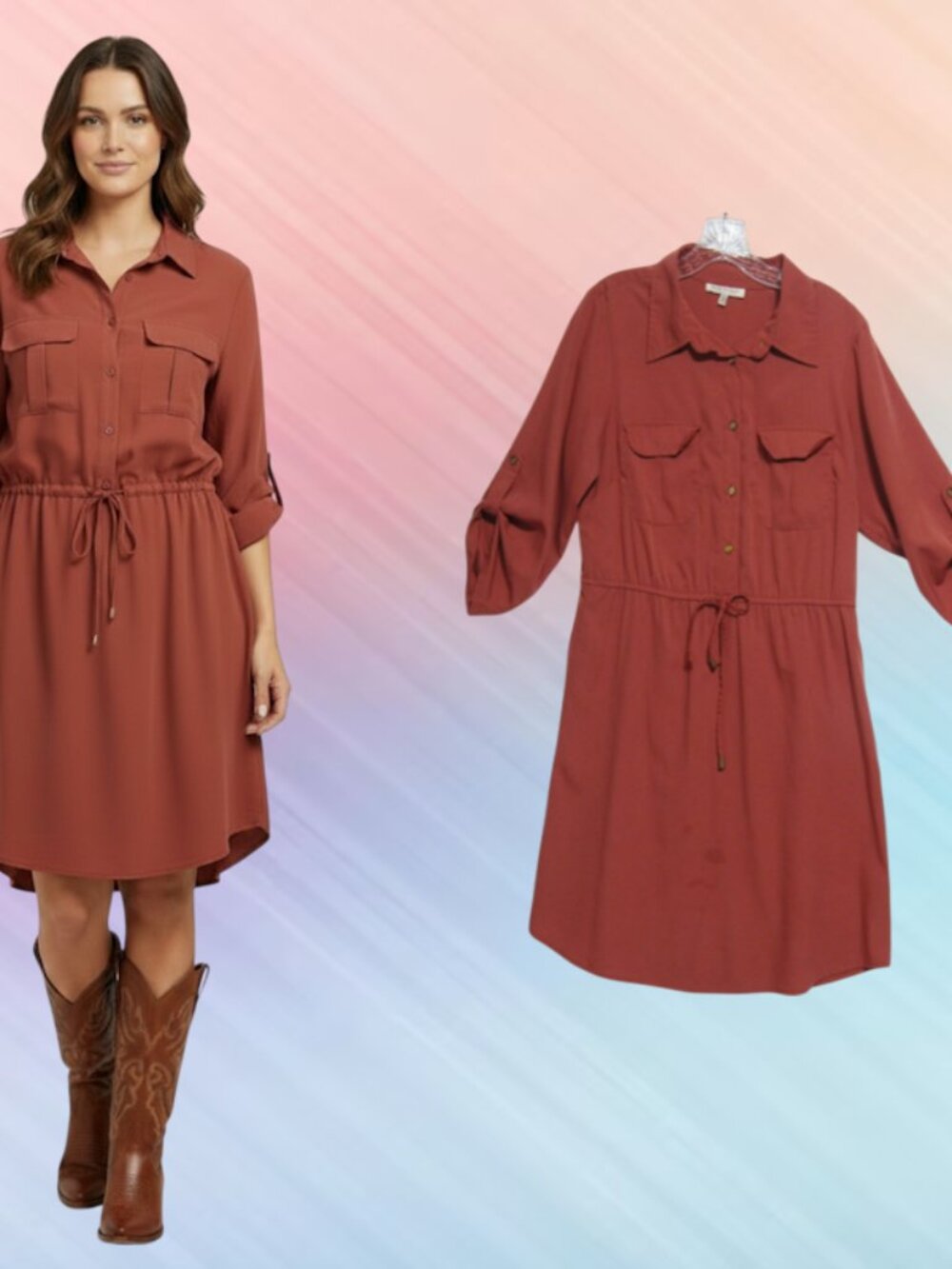 Speed control New York size L womens shirt dress roll up sleeves rust red